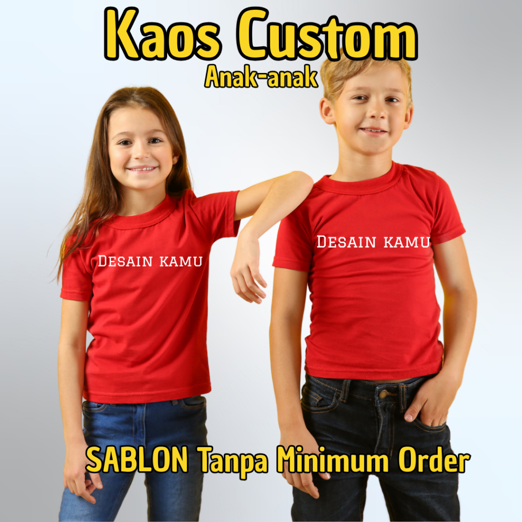Kaos sablon anak custom satuan dengan foto, gambar, nama, tulisan, atau desain sendiri
