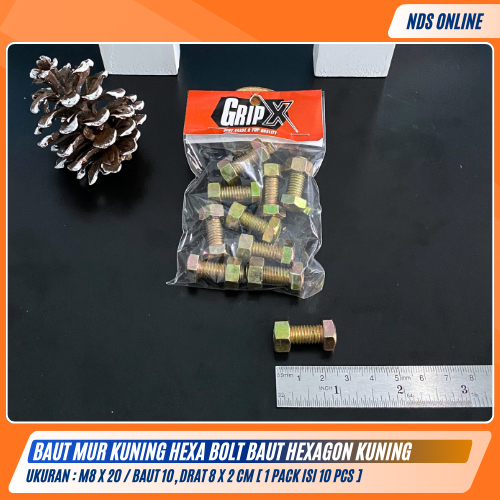 Baut Mur Kuning Hexa Bolt M8x20 Baut & Mur Hexagon Drat 8x2cm / Baut 10 [ 1 Pack Isi 10 Pcs ]