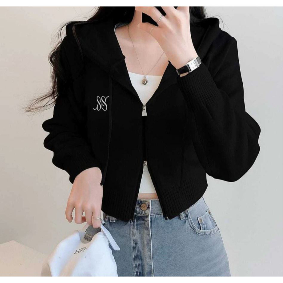 SS HOODIE JACKET DOUBLE ZIPPER CROP TOP ATASAN WANITA KOREAN STYLE