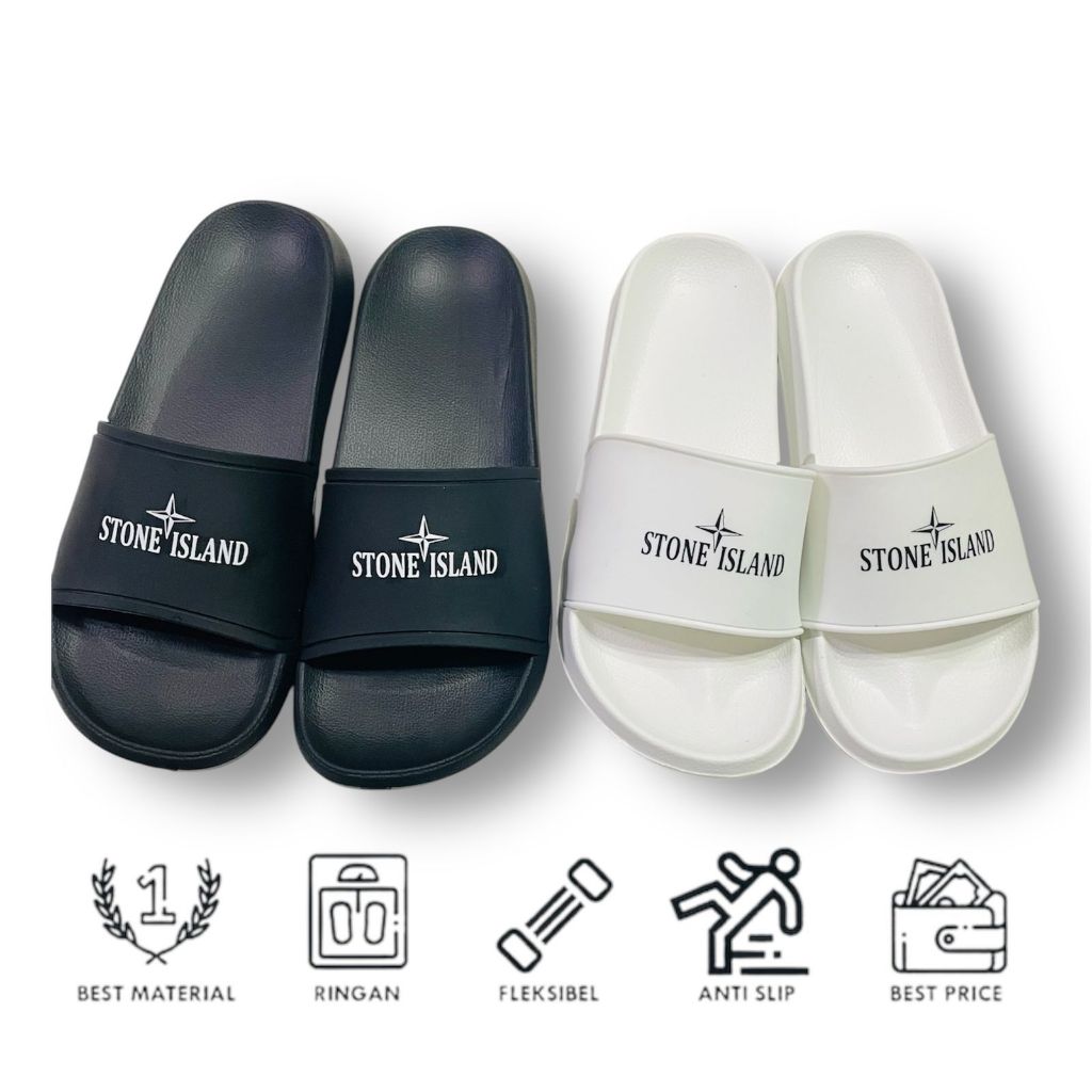 Sandal Stone Island Sandal Slop Pria Wanita Slip On Slide Hitam Putih Motif Slide sandal slop stone 