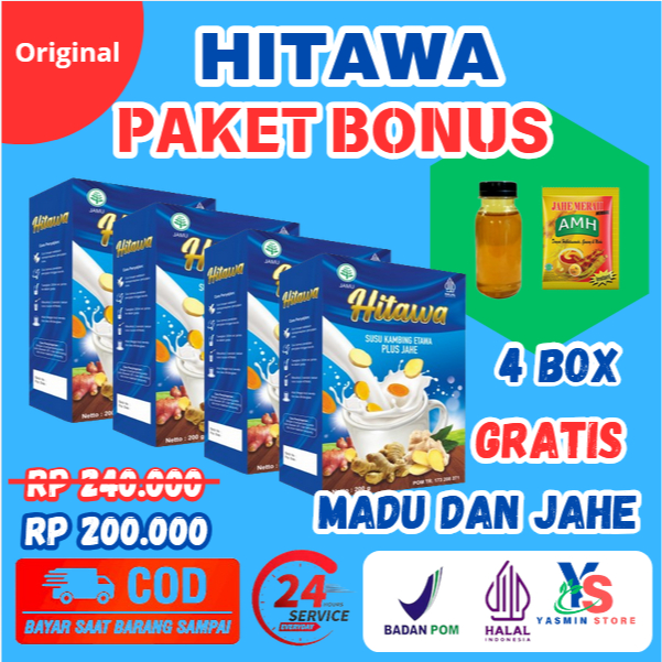 

[ PAKET 4 BOX HITAWA GRATIS MADU DAN JAHE AMH ] [ BISA COD + GARANSI ] HITAWA Susu Kambing Etawa Plus Herbal Jahe Merah Kunyit Temulawak Mengatasi Nyeri Sendi Lutut Pinggang Rematik Asam Urat kemasan 200 gr