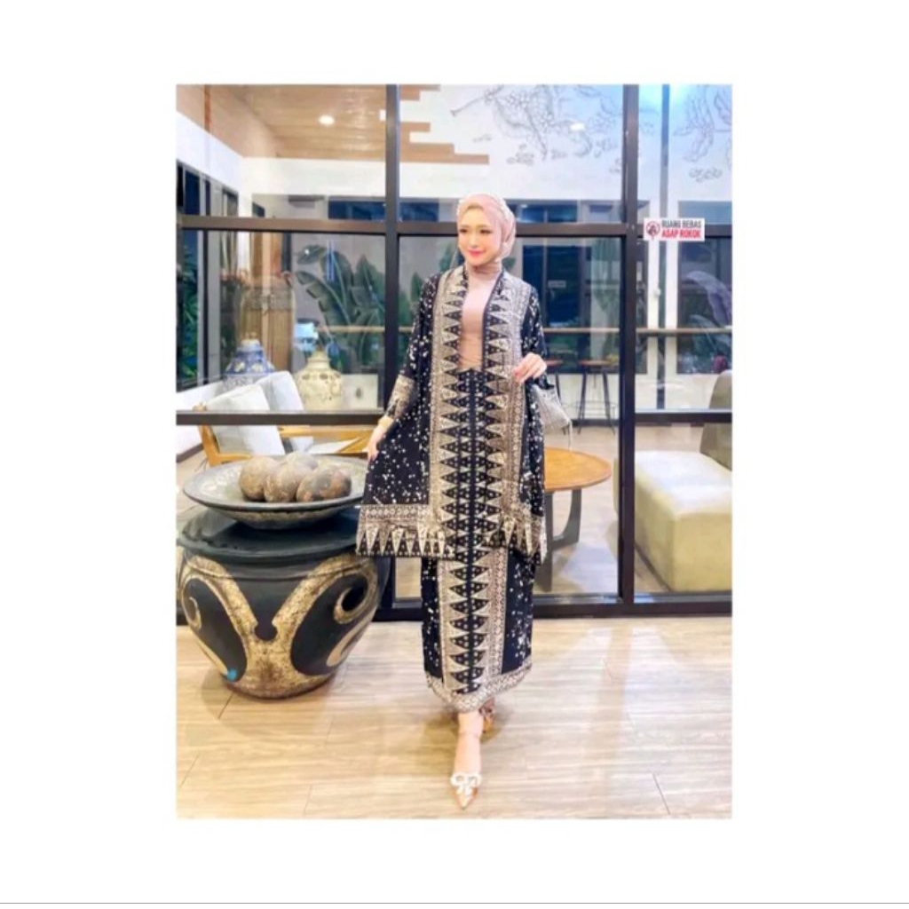 one set outer set rok hitam | cardigan set rok batik cap