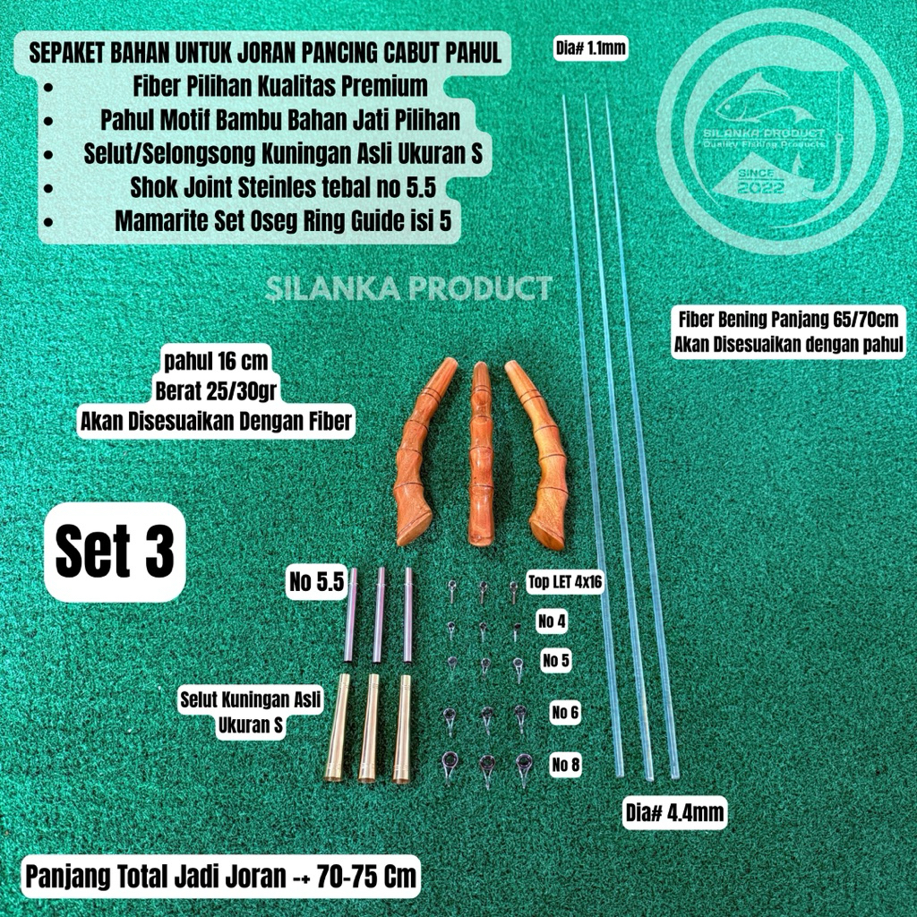 Sepaket Bahan u/Joran Pancing Cabut Pahul Selut kuningan asli, U/Jerpon 70-75cm fiber Bening