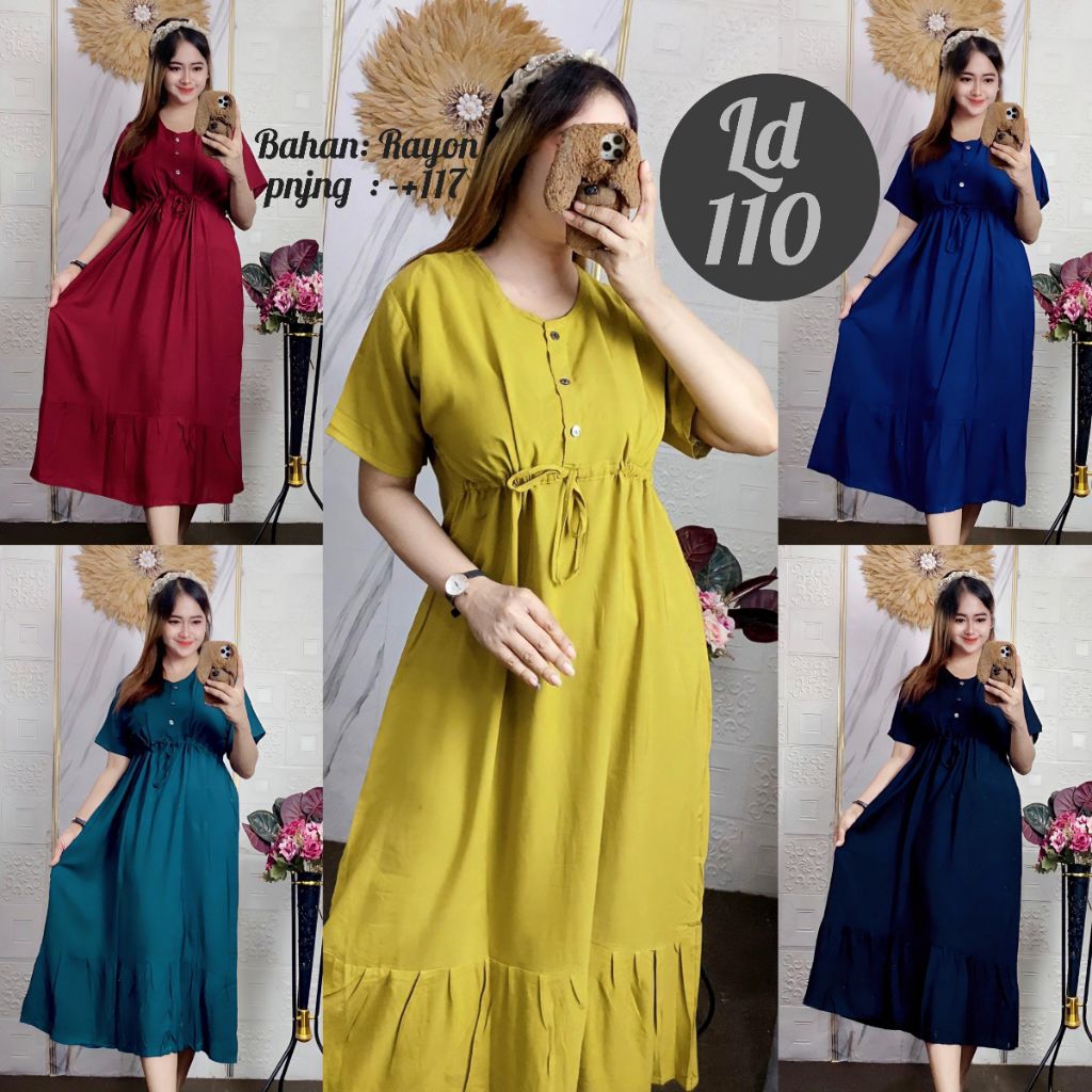 Daster Kancing Dress Kekinian Tali Serut Depan Rayon Santung Polos