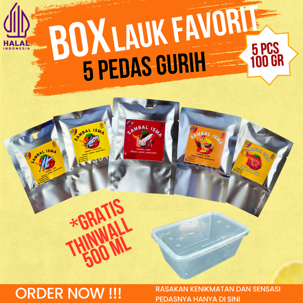 

BOX PAKET 5 SAMBAL GURIH FAVOURITE PASTI KETAGIHAN ISI 100 GR CUMI AYAM TONGKOL UDANG TERI