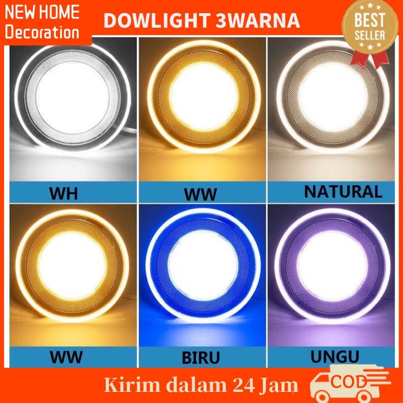 Lampu Downlight Led 3 warna 6W/Kuning Biru Ungu/Putih Kuning Warmwhite/Biru Putih Coolight