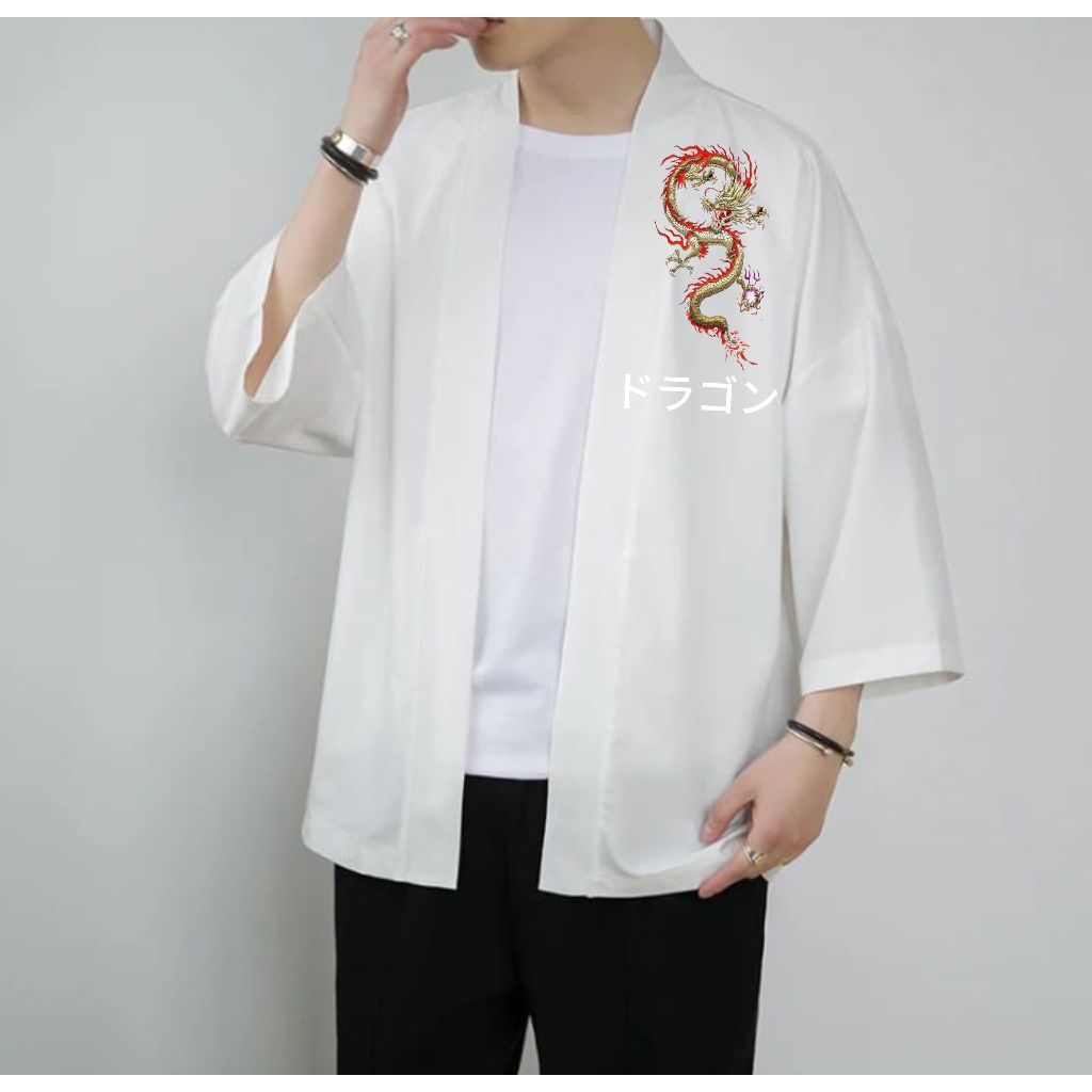 kemeja atasan cardigan kimono pria lengan pendek berkarakter gambar naga  keren nyaman dan berkualit