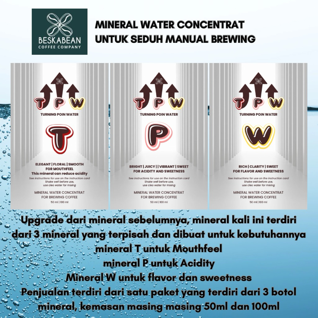 

TPW Set 3 botol Mineral water concentrat | Beskabean | Mineral konsentrat untuk seduh manual brewing