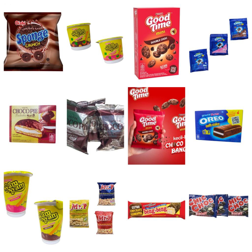

Oreo Buskuit Wafer Kacang Mr P/ Biskuit Good Time/ Biskuit Mini Oreo/ Soft Cake Oreo/ Beng beng / Choco Pie/ Coklat Chic Choc
