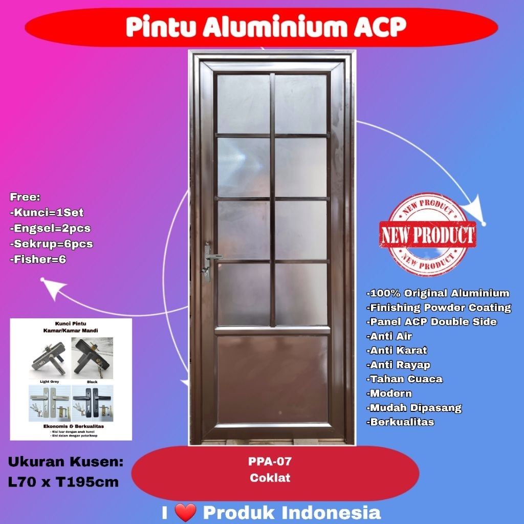 Pintu Full Alumunium Modern-PPA 07-3/4 Kaca Es 5mm-5mm-Ornamen-Coklat