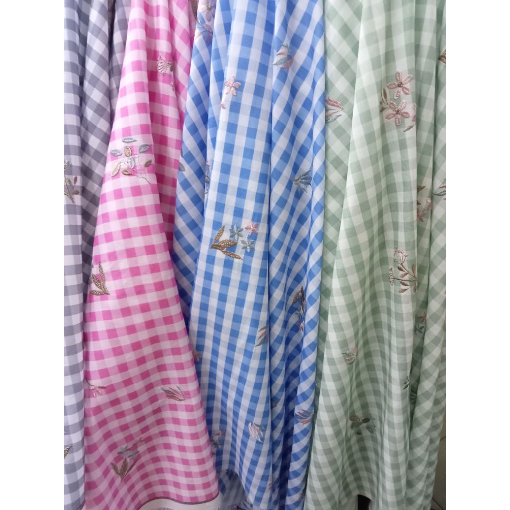 KAIN KATUN KOTAK KOTAK #BORDIR BUNGGA KECIL CANTIK