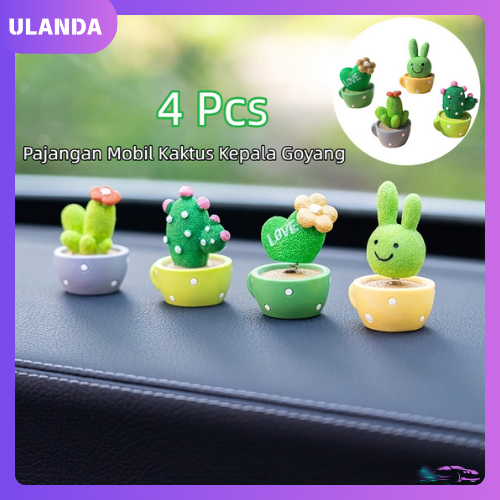 Pajangan Dashboard Mobil Kaktus 4 in 1 Kepala Goyang Hiasan Mobil Lucu untuk Dashboard, Aksesoris Mo
