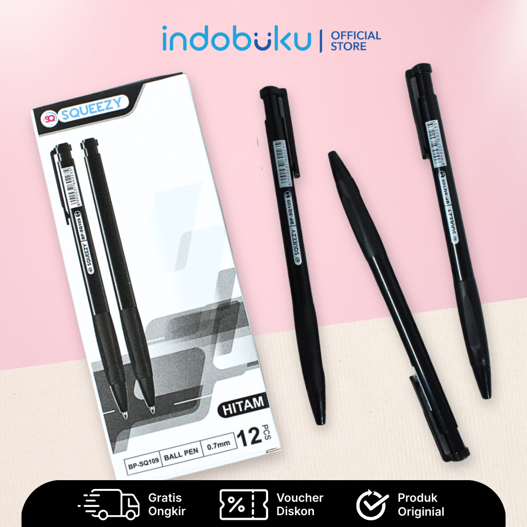 

SQUEEZY Pulpen Pena Tinta Hitam 0.7 mm Halus Dan Nyaman 12 Pcs BP-SQ109