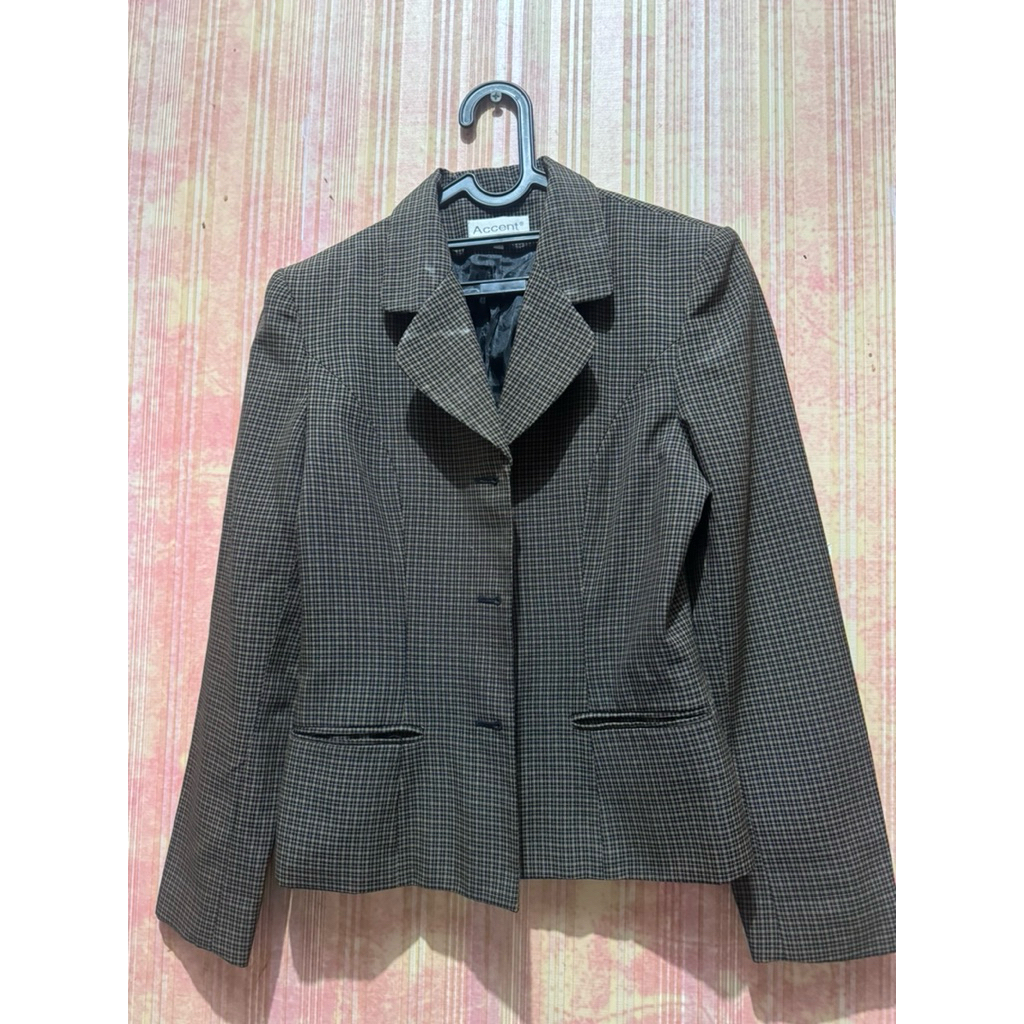 dark brown gingham tartan plaid blazer academia kotak blazer kerja cokelat coklat