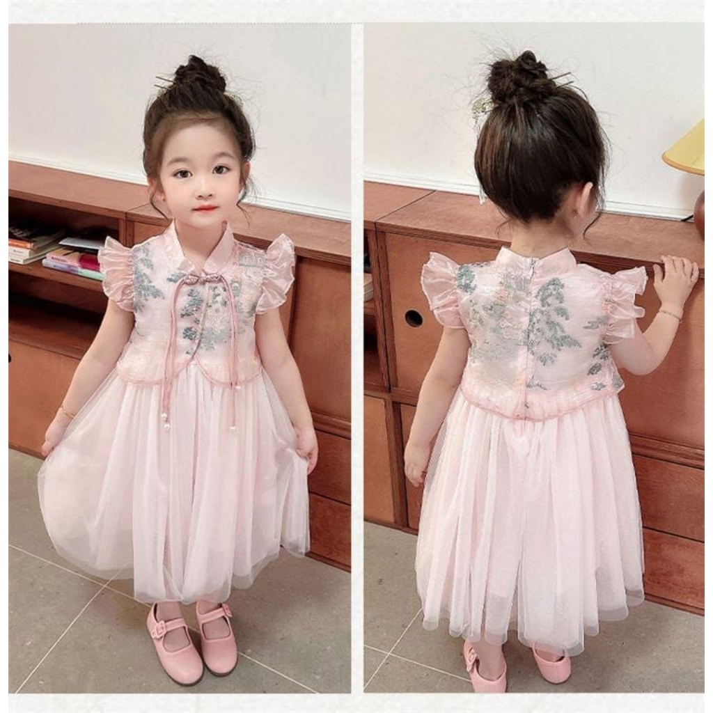 GAUN CHEONGSAM IMPORT ANAK 3-8TAHUN/GAUN IMLEK ANAK MEWAH/DRES TUTU CNY FLOWER