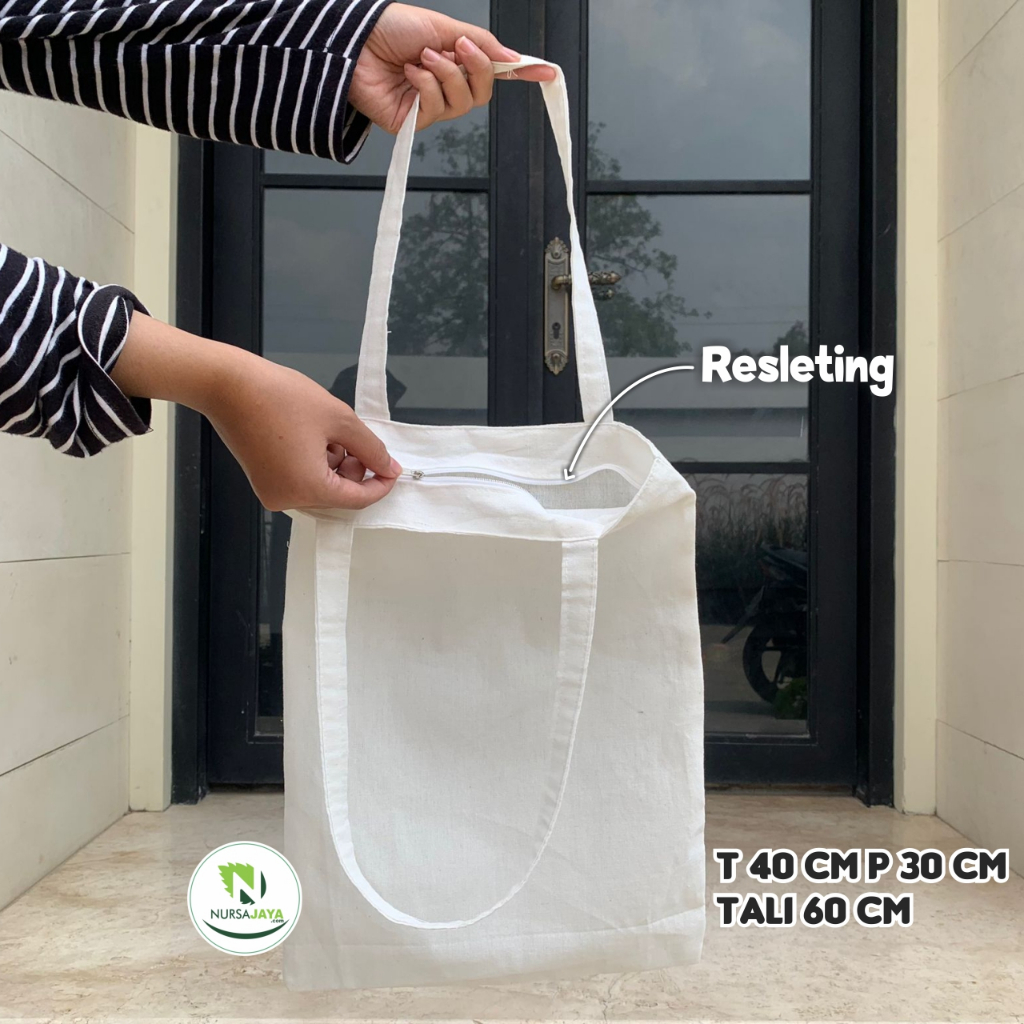 Ready Stock Totebag Besar Resleting BLACU POLOS Tas Murah kanvas Calico