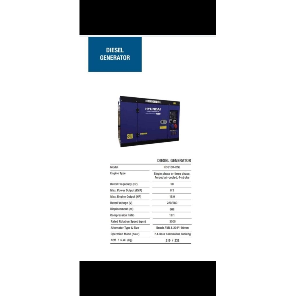 Hyundai Hdg 10 R DSL 10 kva 1 piston Genset Hyundai HDG10R-DSL