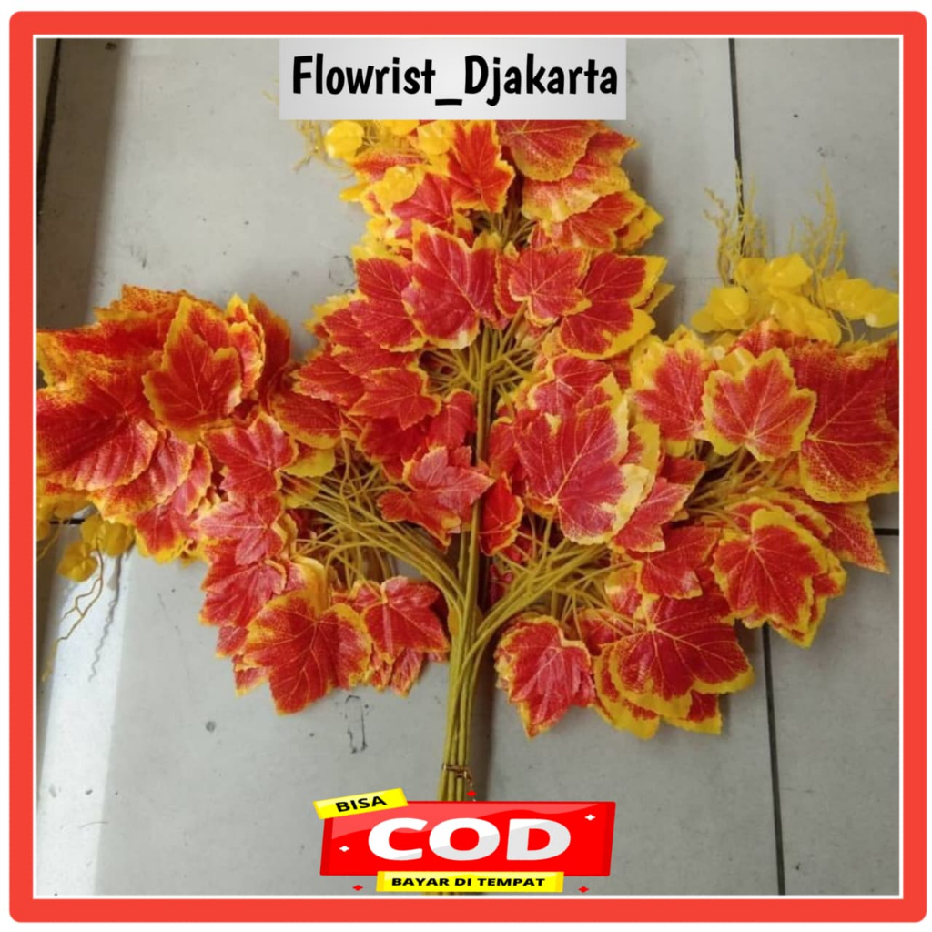 Daun anggur orange x3 / Daun Hias Dekorasi Artificial / Daun artificial Plastik import / 1 Lusin