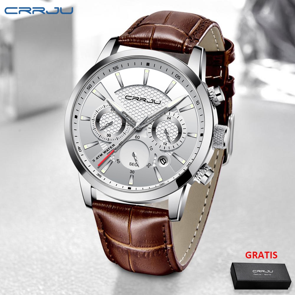 CRRJU Jam Tangan Pria Anti Air Fashion Kronograf Quartz Tali Kulit dengan Date Jam Cowok Dewasa 2212