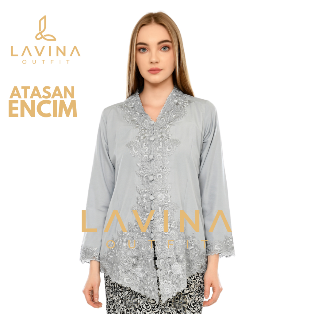 Lavina - Kebaya Encim Bordir Modern Batik Tradisional Betawi Abu Grey Silver Lengan Panjang Jumbo Bi