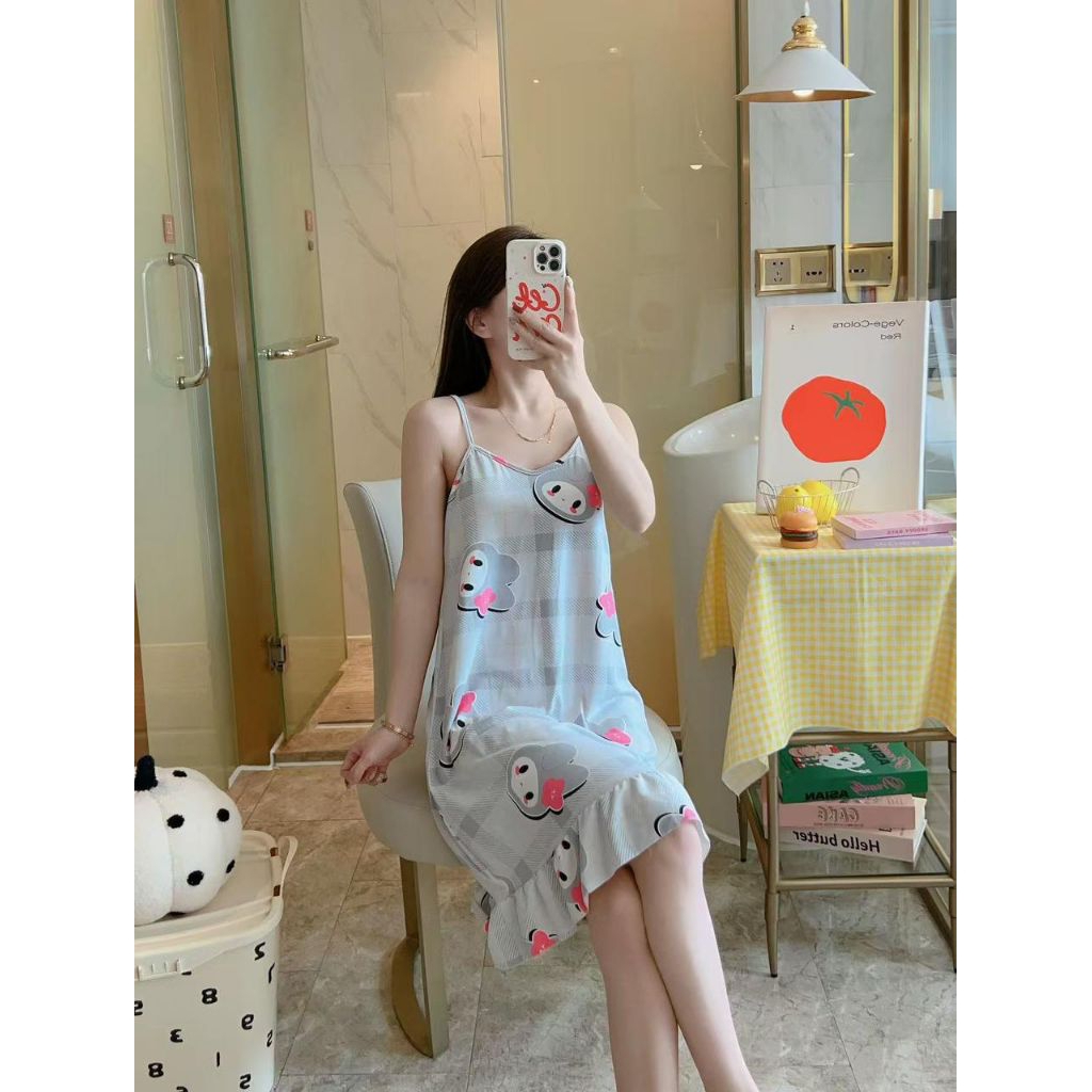 [Terbaru] Daster Singlet Tipis Kecil Wanita Baju Tidur Piyama Rok Korean Style V-Neck Cupbra Busa My