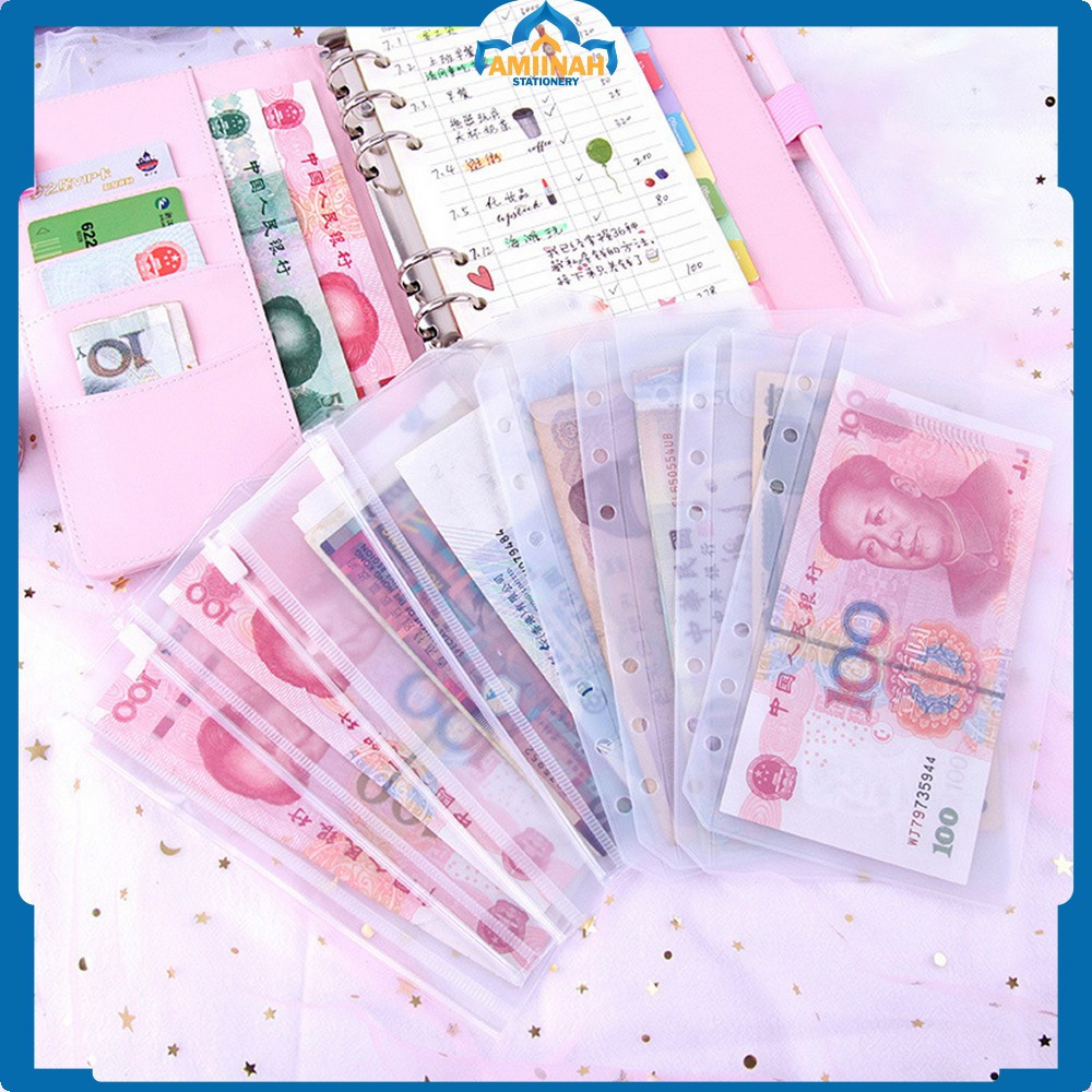 

Transparent Hand Book Bags Ziplock 6 Hole / Zipper Pocket Binder A6 Transparent Pouch Tempat Uang Amiinah Stationery C1105