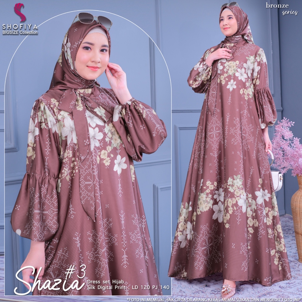 Shazia Set Dress Gamis Jubah Baju Hijab Jilbab Wanita Muslimah Jumbo ld 120 Silk print Flower Mewah