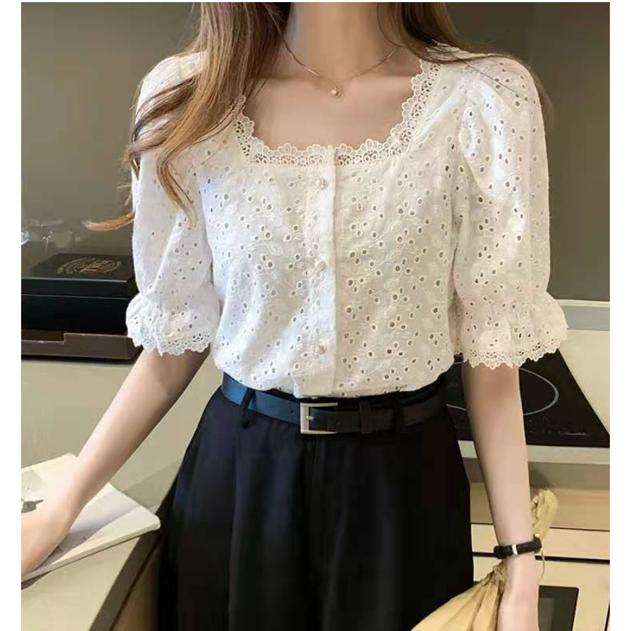 Blouse Wanita Korea Sifon Lengan Pendek Square Neck Casual Kekinian