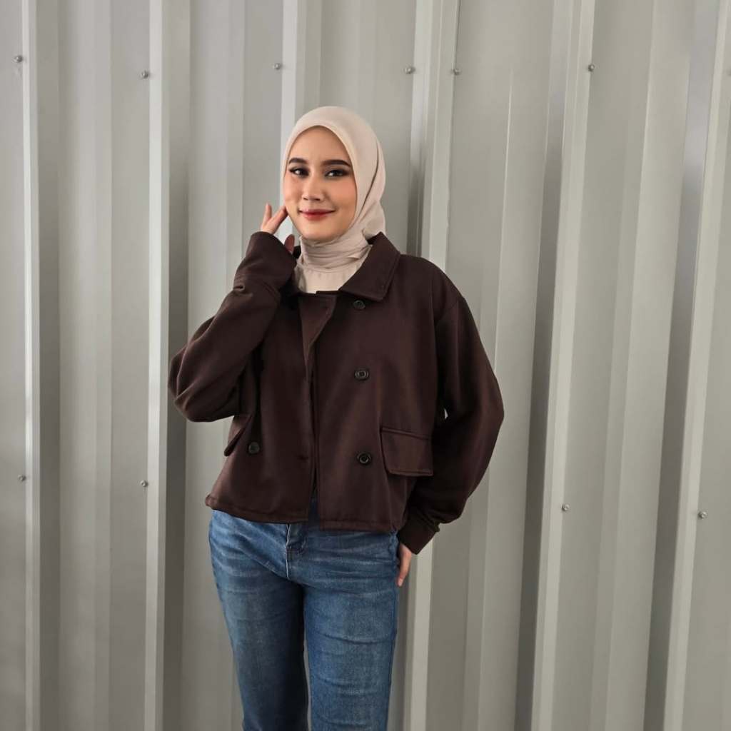 Kiukiu Blazer Croope Mahogany - Blazer Kancing Casual Bahan Fleece - Blazer Wanita - Crop Blazer Pol