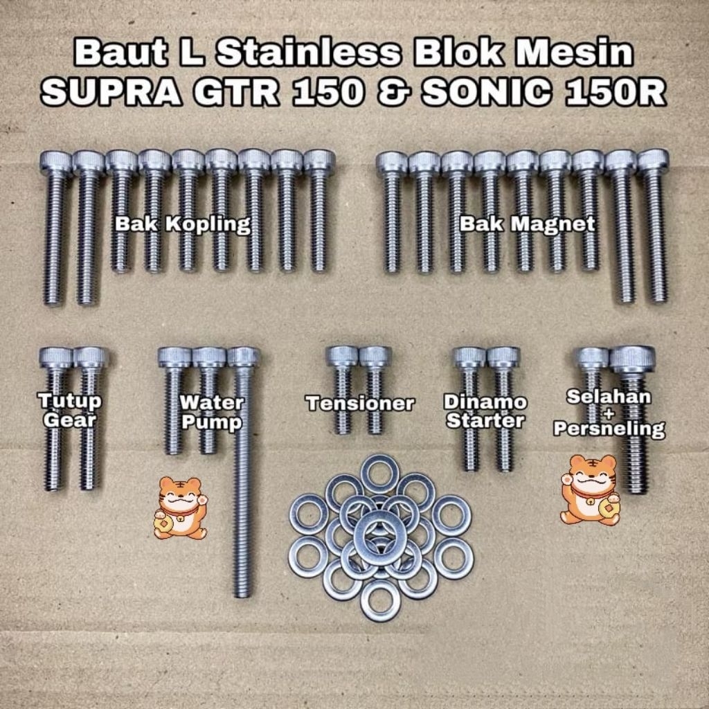 BAUT L BLOK MESIN SUPRA GTR 150 & SONIC 150R FULL SET CRANKCASE BAUT L STAINLESS ANTI KARAT 100% STA