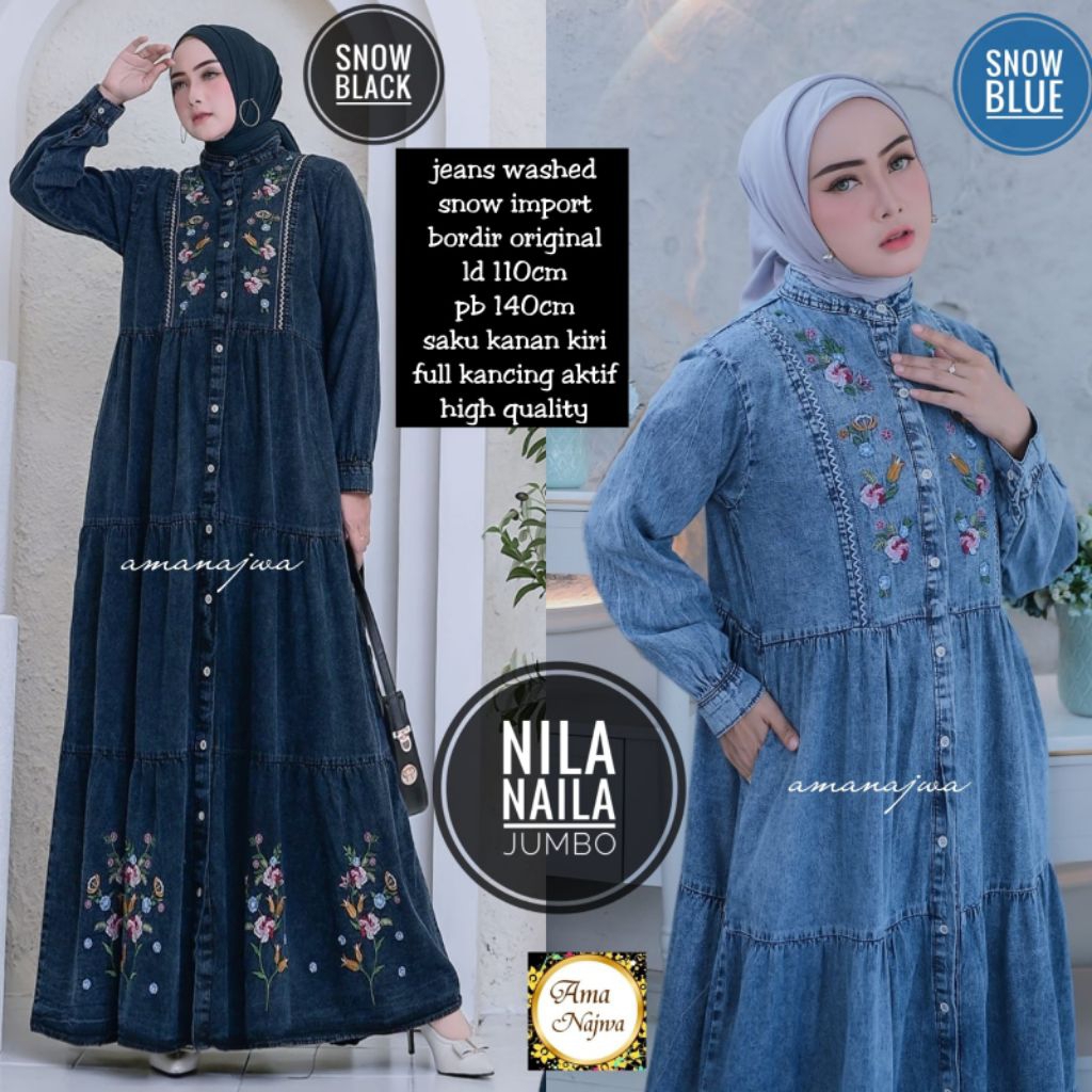Dress gamis jeans bordir jumbo LD 110,130 & 150cm
