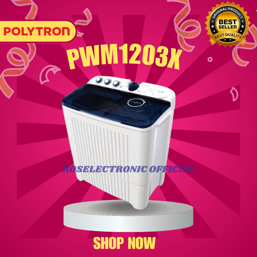 POLYTRON Mesin Cuci 2 Tabung PWM 1203X 12KG/PWM 1203X/ MESIN CUCI 12KG LOW WATT MURAH ORI BERGARANSI