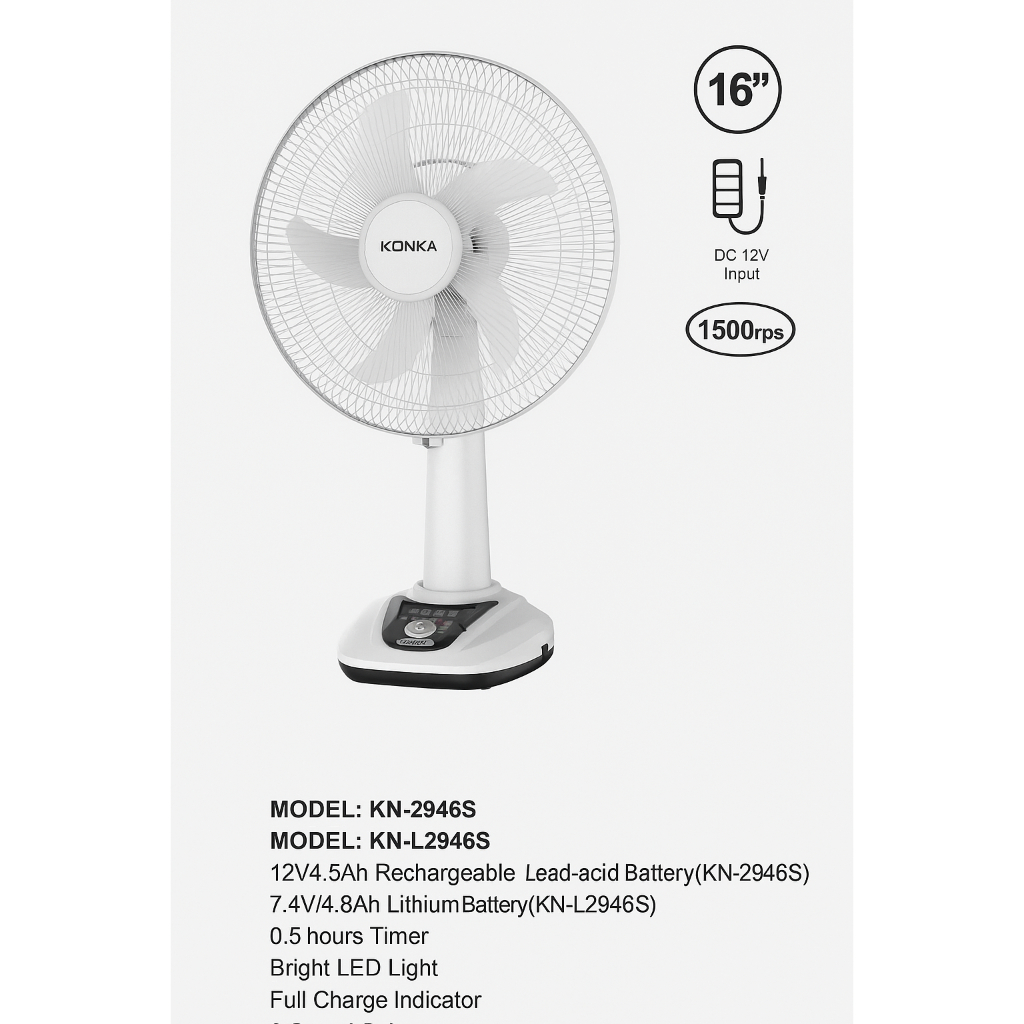 Kipas Angin Rechargeable KONKA 16 Inch KN-2946S Abu Abu Murah Meriah Pengiriman Cepat