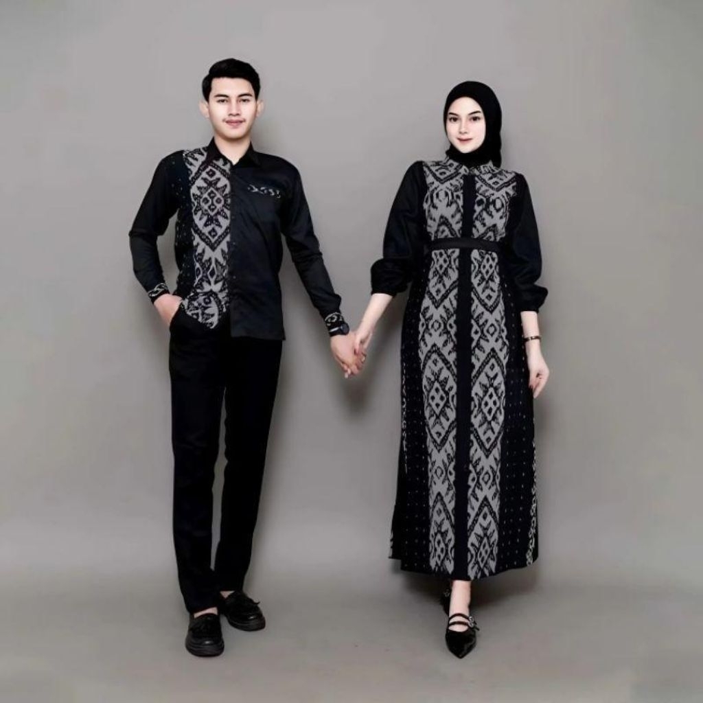 BAJU COUPLE TENUN ETNIK MOTIF PADMA BLACK/ GAMIS TENUN & KEMEJA TENUN KOMBINASI POLOS TOYOBO