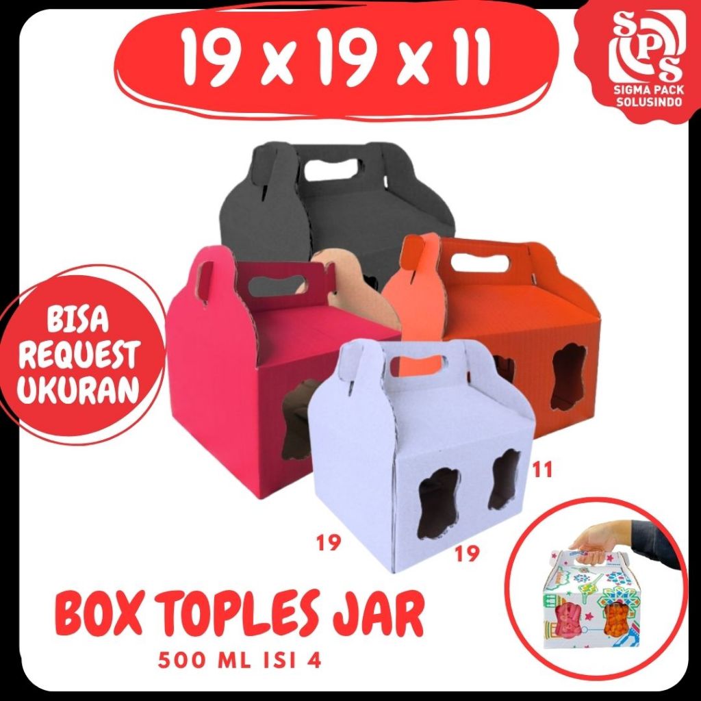 

Box Kuker jar 19x19x11 Toples Jar 500ml isi 4 Jinjing Gable Box Kue Kering packing Dus Kue Kering