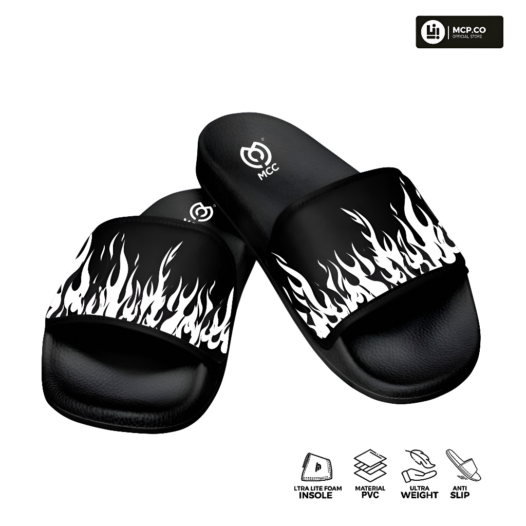 MCP Sandal Slop Pria Slip On Distro Casual Dewasa Motif Api Size 38-43 Mcp.co