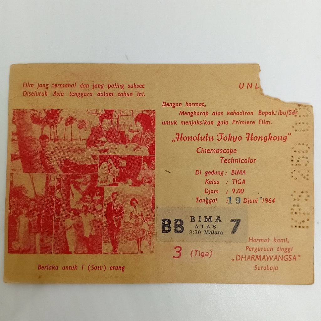

Memorabilie Tiket Bioskop Lama 1964 "Honoluku Tokyo Hongkong"