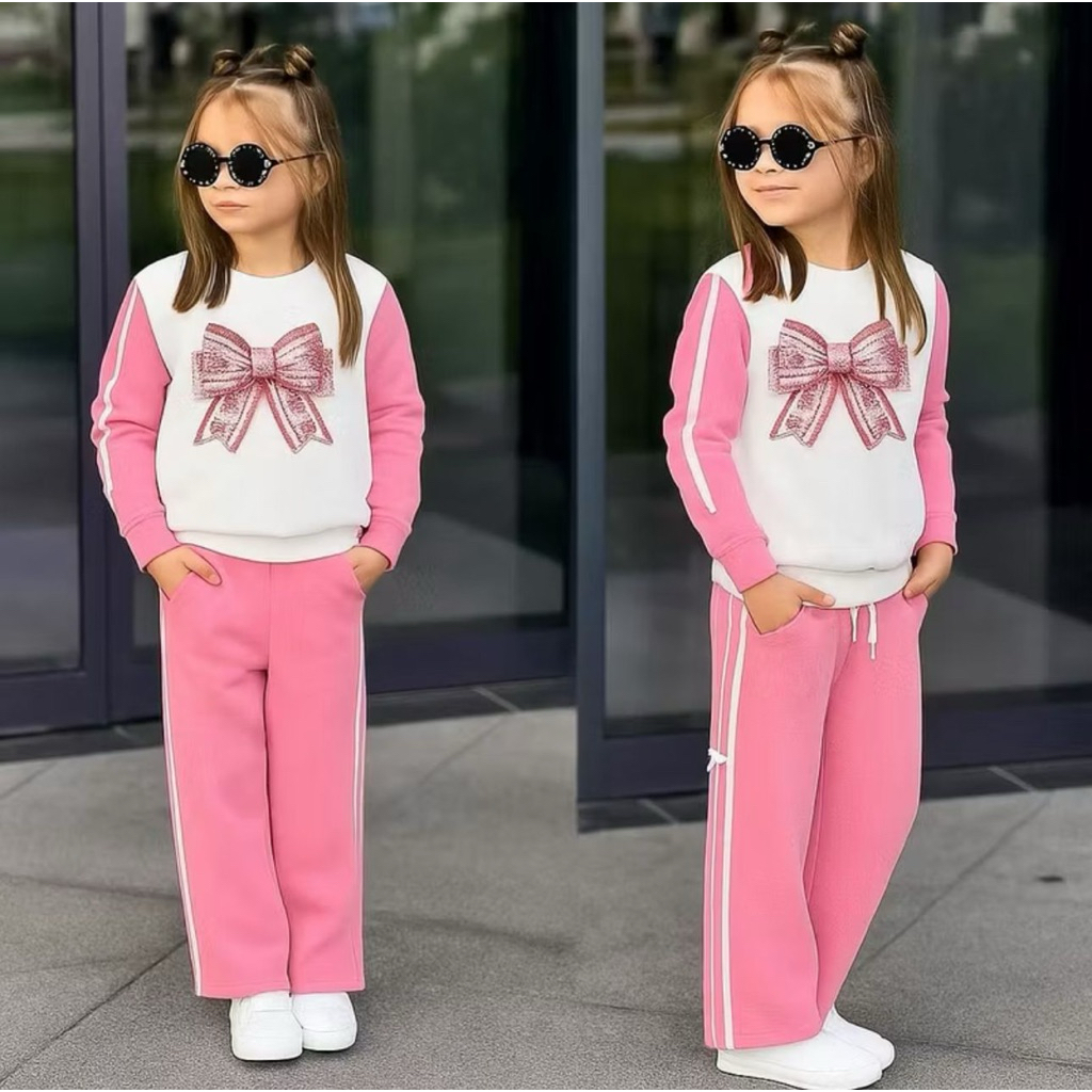 Setelan sweater anak perempuan varisi pita lise ootd anak untuk usia 1-12 tahun