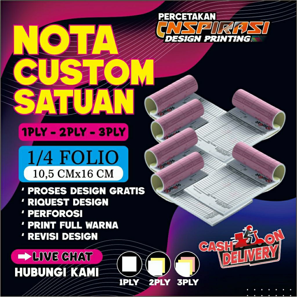 

Custom Nota Satuan 1/4 FOLIO ( Uk 11 x 16 cm ) FULL WARNA