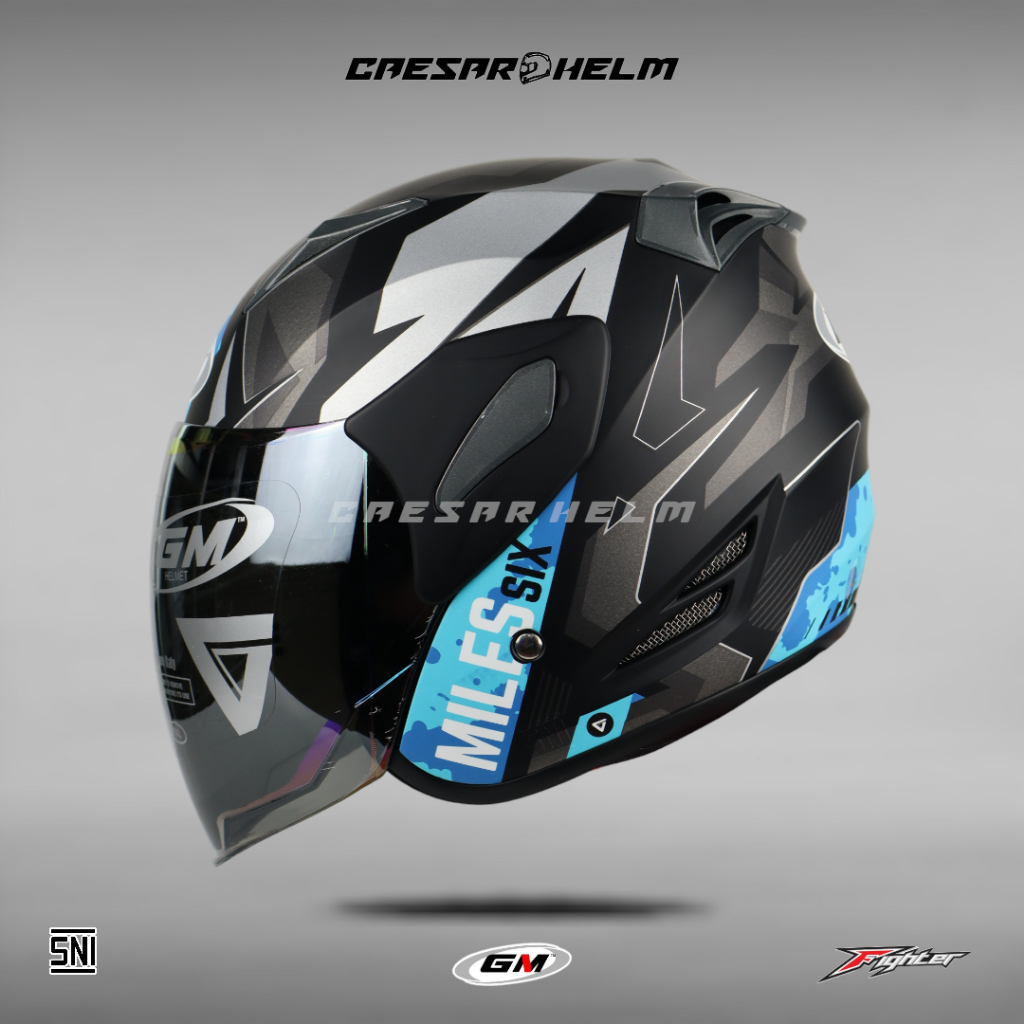 GM Fighter SR Motif Six Miles - Black/Blue Doff - Helm Half Face