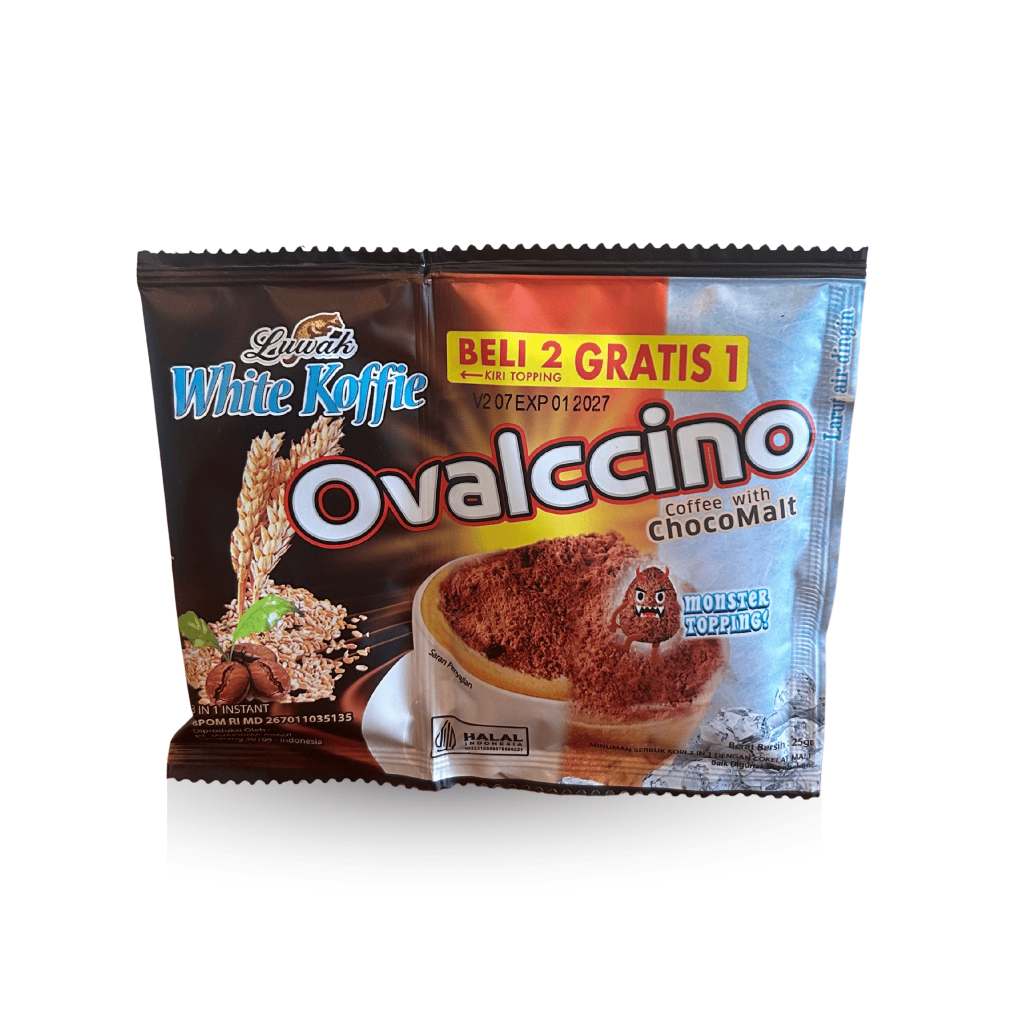 

Ovalccino Coffe with ChocoMalt / Kopi Instan / Luwak White Koffie / Minuman Serbuk Kopi dengan Coklat Malt