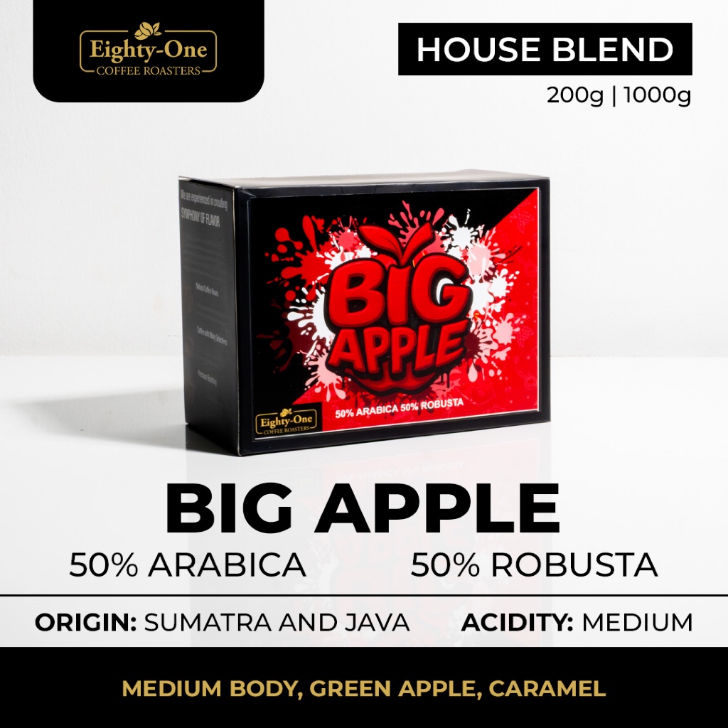 

Big Apple | Houseblend arabika 50% robusta 50% | 200 Gr | 1000 Gr
