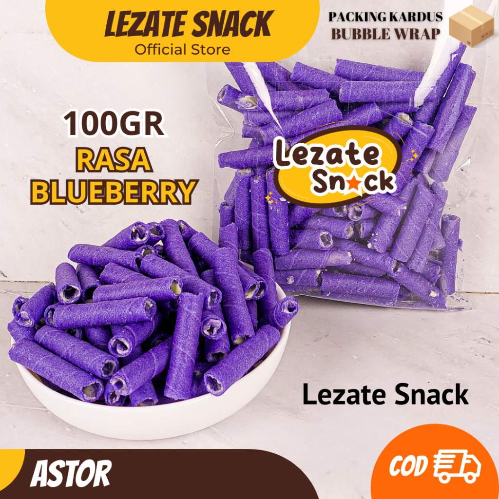 

Astor Mini Blueberry 100gr Kiloan Murah Enak Manis Renyah / Wafer Roll Kiloan Blue beri Astor Kiloan Barcelona / Wafer Rolls Coklat Greentea Vanila Lezate Snack