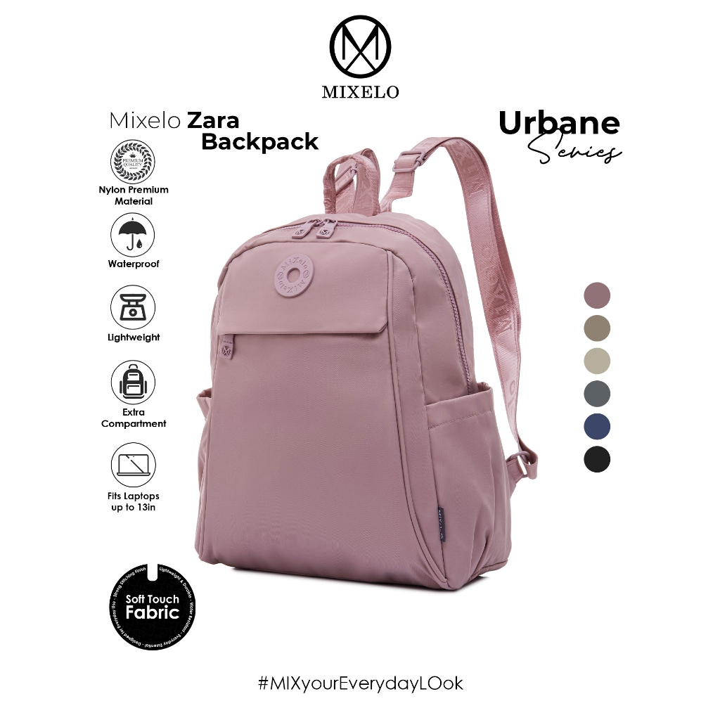 MIXELO Backpack Zara Tas Ransel Wanita Anti Air Bahan Nylon Parasut Muat Laptop 13 inch