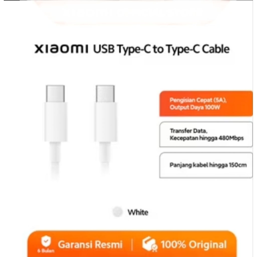 5A | 100 Watt  Xiaomi Kabel Data Charger Type C to C Support 5A 100W  Panjang 150cm  Original 100% T