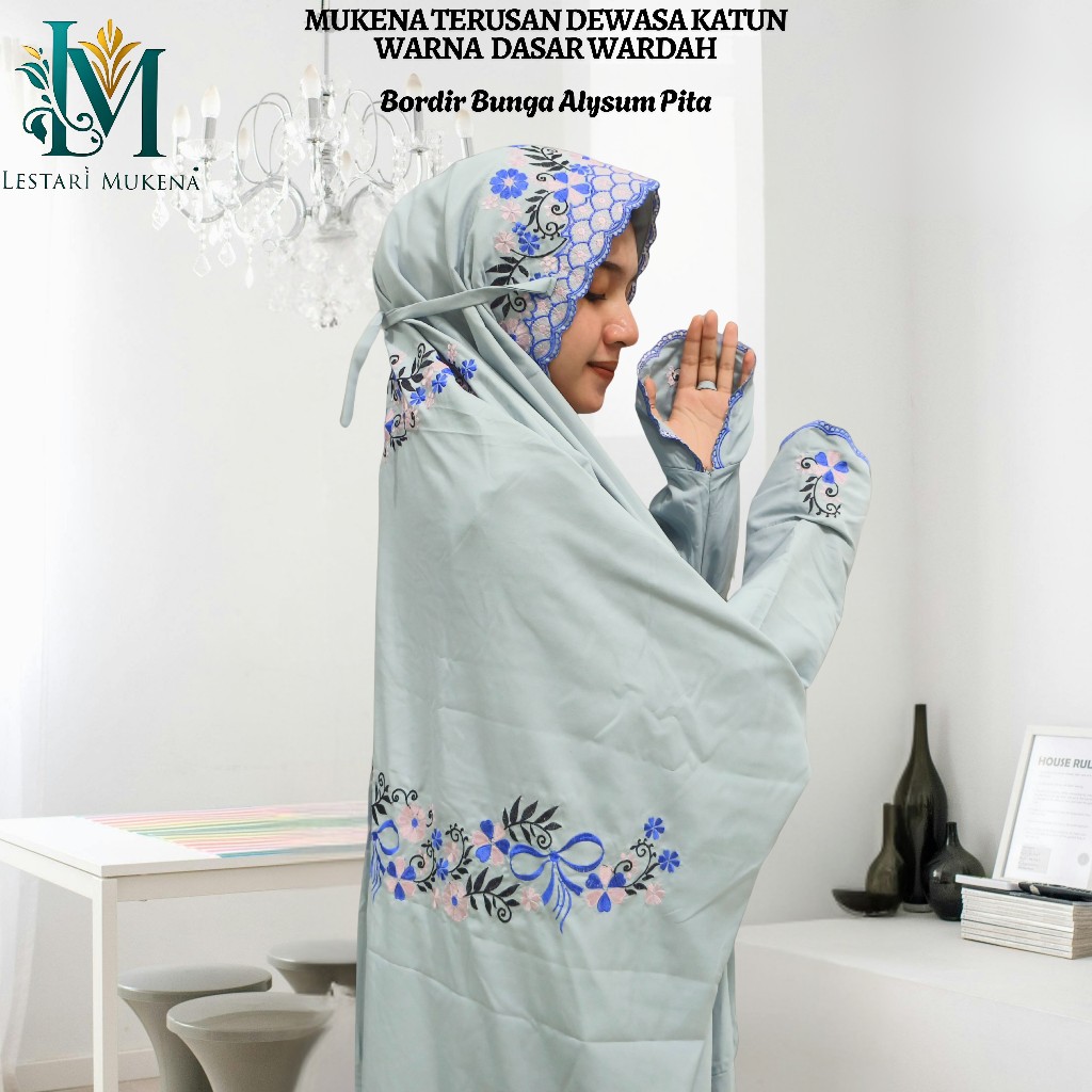 Mukena Terusan Dewasa Bahan Katun Polino Warna Biru Wardah Bordir Bunga Alysum Pita
