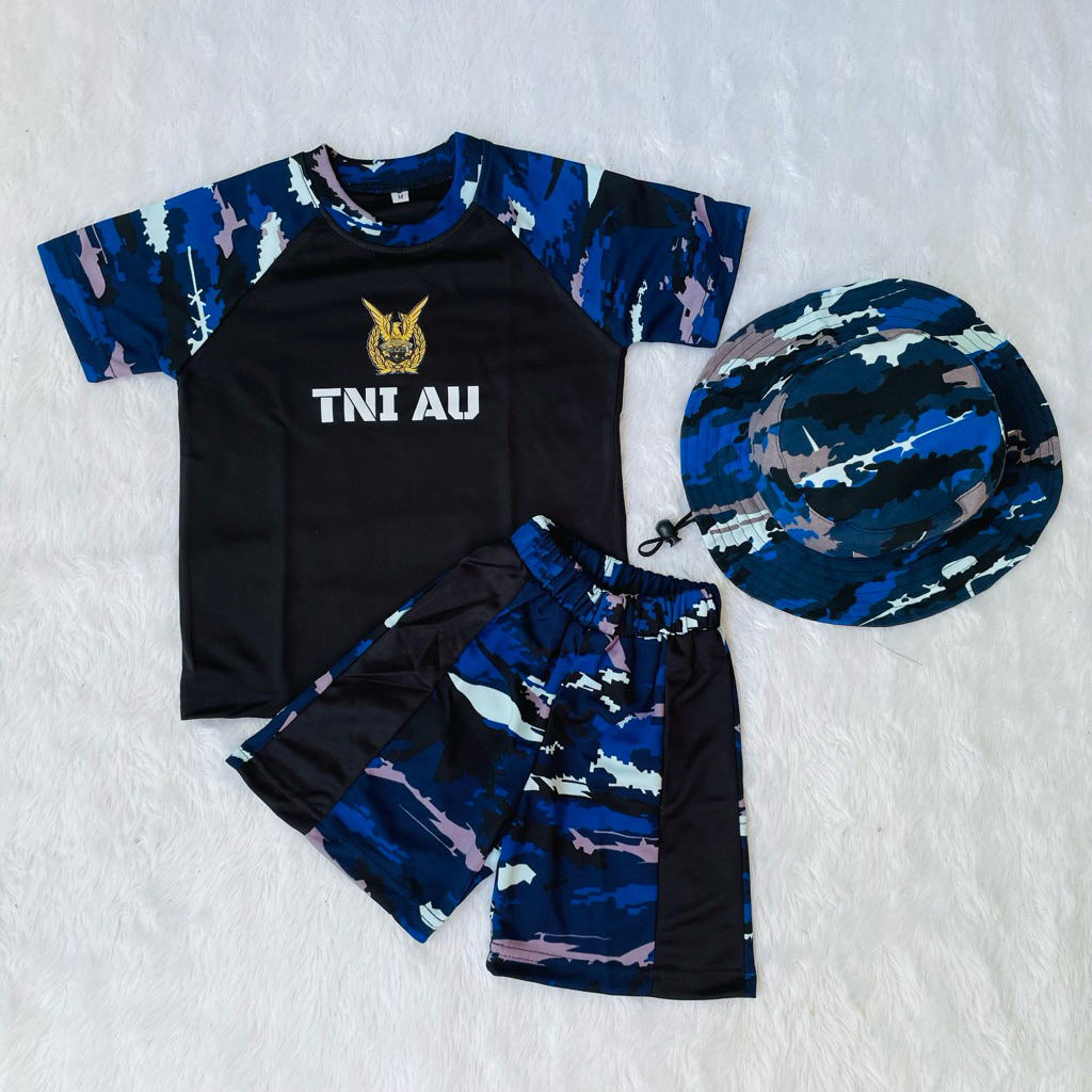 Setelan tentara anak reglan kombinasi loreng set TNI baju celana dan topi rimba loreng usia 1-8 tahu