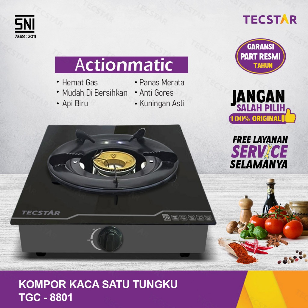 Tecstar Kompor Gas Kaca Tempered Tgc-8801 Satu Tungku Actionmatic Sni Burner Kuat Anti-Slip Hemat