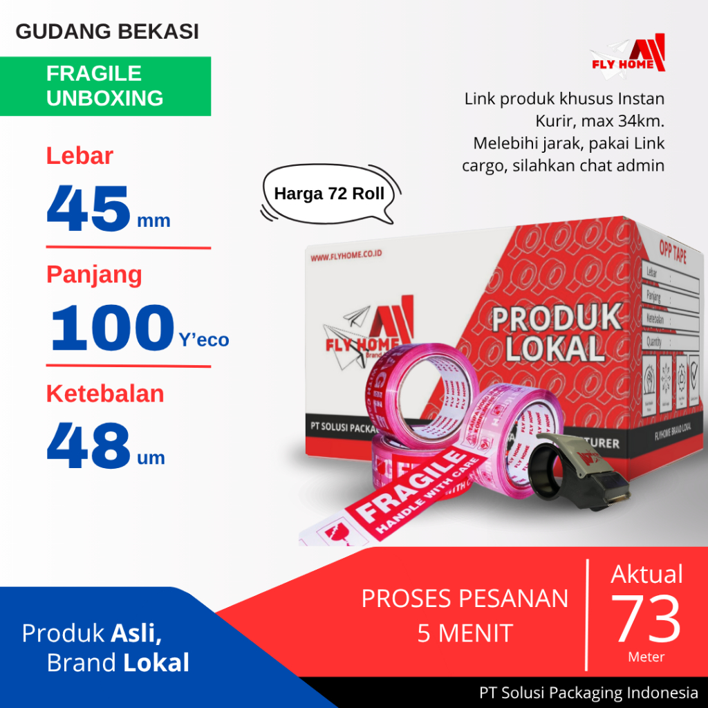 

FLYHOME 1Dus Lakban Fragile Unboxing 45x100Y 2inci Uk Besar 72Roll ECO 100 Yard INSTAN