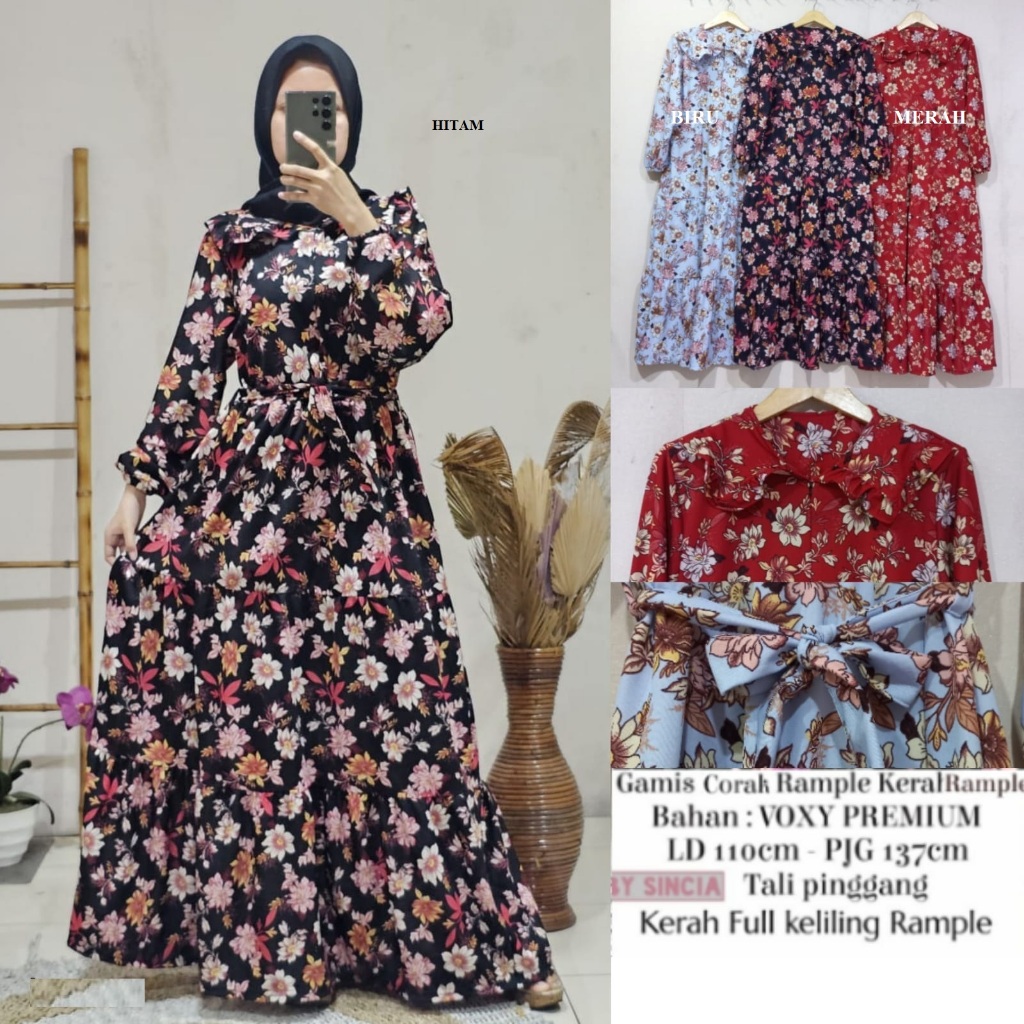 westylis Gamis Jumbo Kerah Rampel Printing Corak Bertaburan Bunga-bunga kecil Terbaru Lengan Karet R